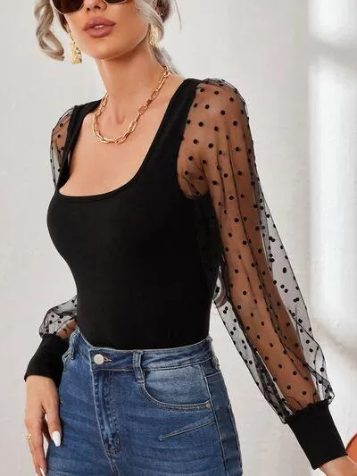 Timeless Chic Mesh Black Long Sleeve Square Neck Top