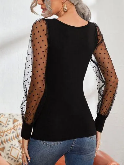 Timeless Chic Mesh Black Long Sleeve Square Neck Top
