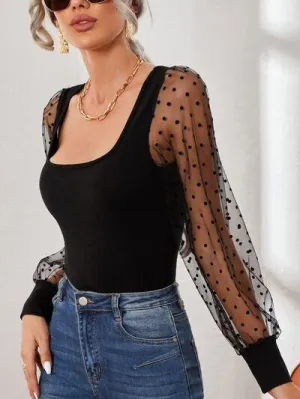 Timeless Chic Mesh Black Long Sleeve Square Neck Top