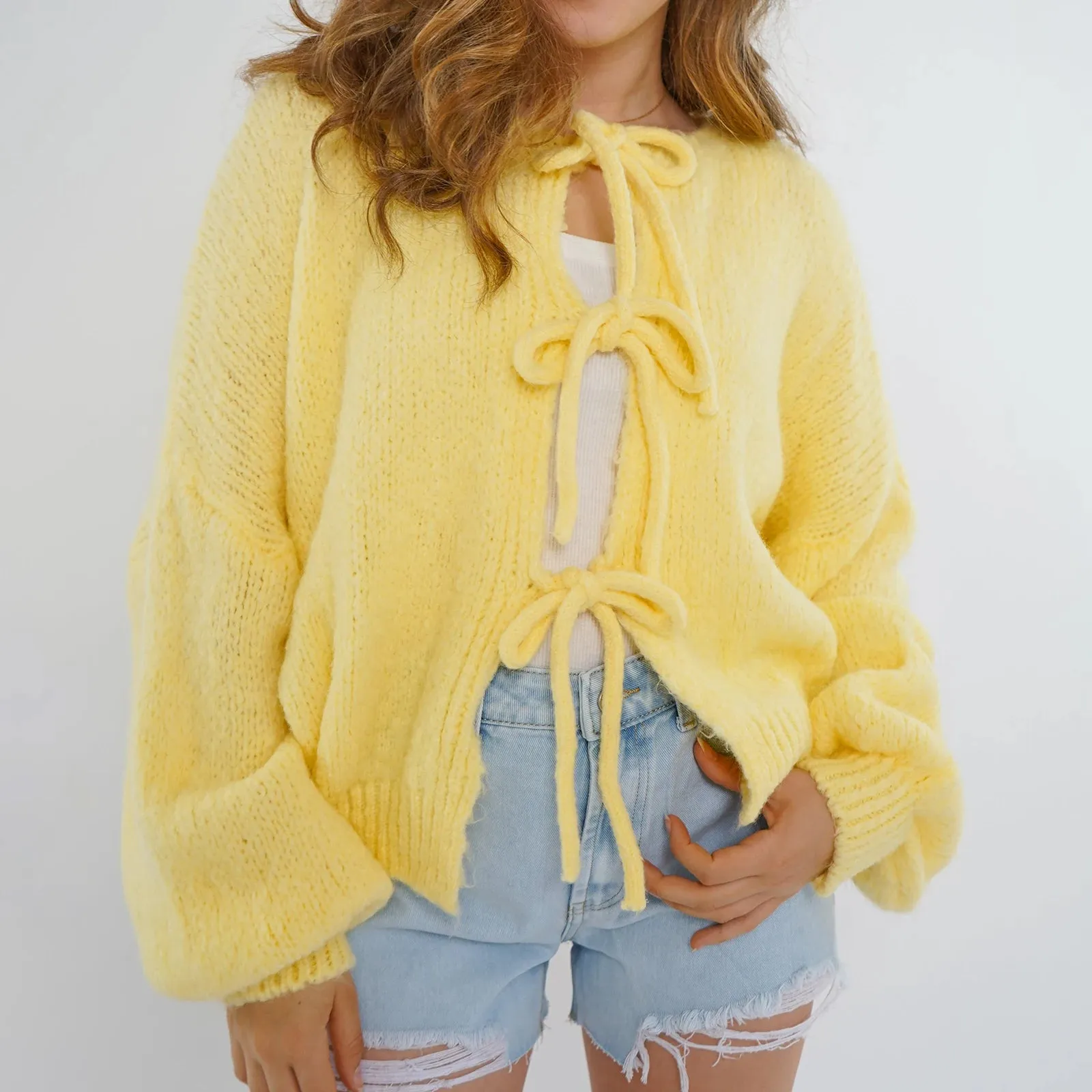 Toleet-Women Knit Cardigan Elegant Lady Long Sleeve Front Tie-up Knitwear Solid Fall Casual Jacket Sweater Outwear Vintage Clothes