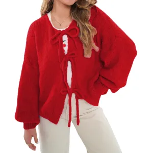 Toleet-Women Knit Cardigan Elegant Lady Long Sleeve Front Tie-up Knitwear Solid Fall Casual Jacket Sweater Outwear Vintage Clothes