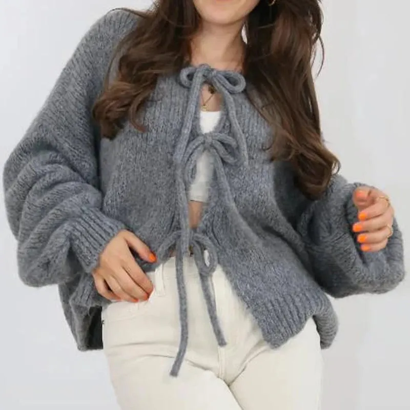 Toleet-Women Knit Cardigan Elegant Lady Long Sleeve Front Tie-up Knitwear Solid Fall Casual Jacket Sweater Outwear Vintage Clothes