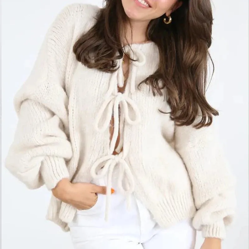 Toleet-Women Knit Cardigan Elegant Lady Long Sleeve Front Tie-up Knitwear Solid Fall Casual Jacket Sweater Outwear Vintage Clothes