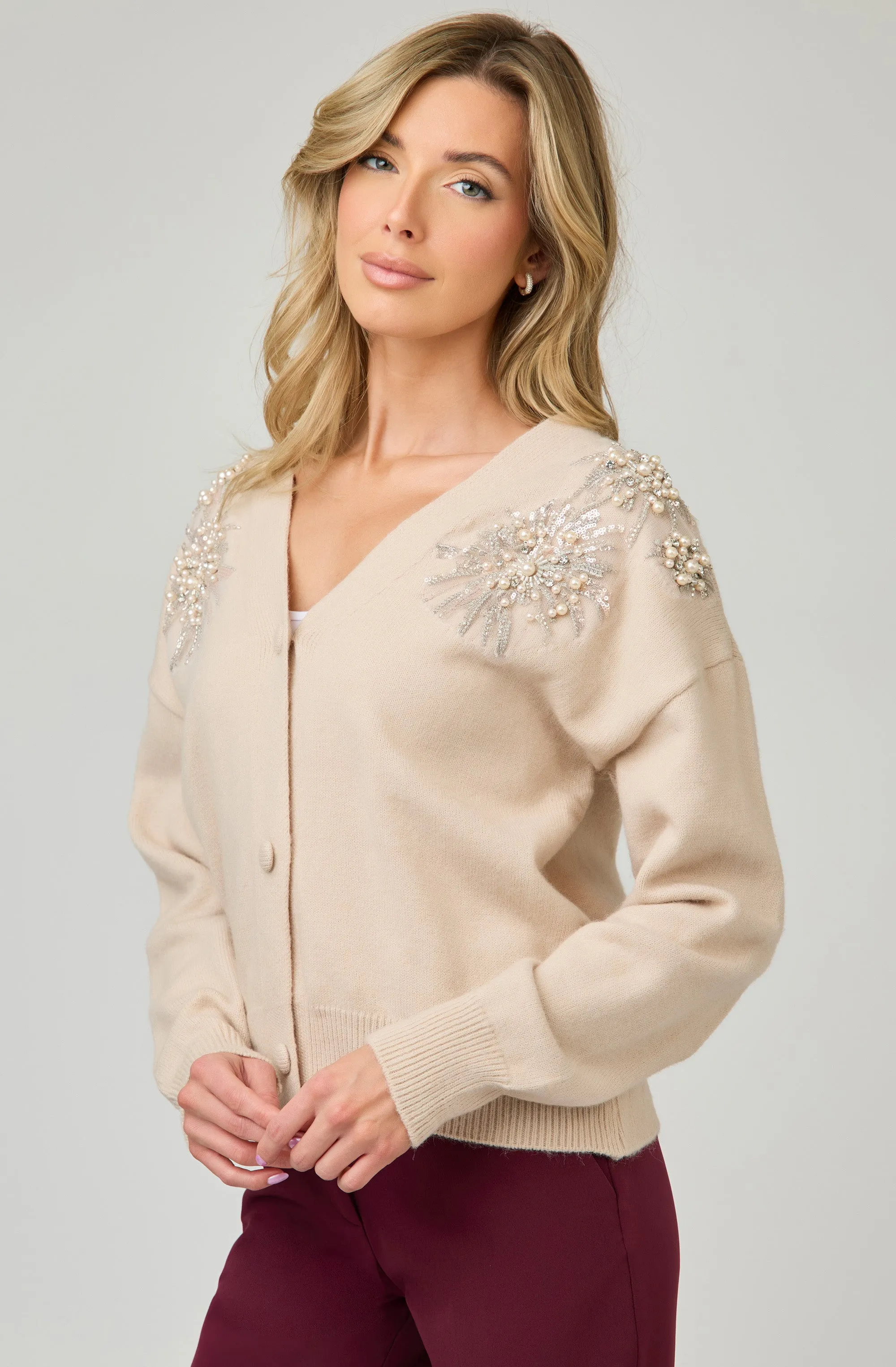 V-neck Cardigan with Beaded Details