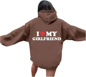 Valentine's Day Graphic Hoodies for Women I Love My Girlfriend Letter Print Pullover with Pocket Drawstring Causal Hoodies
