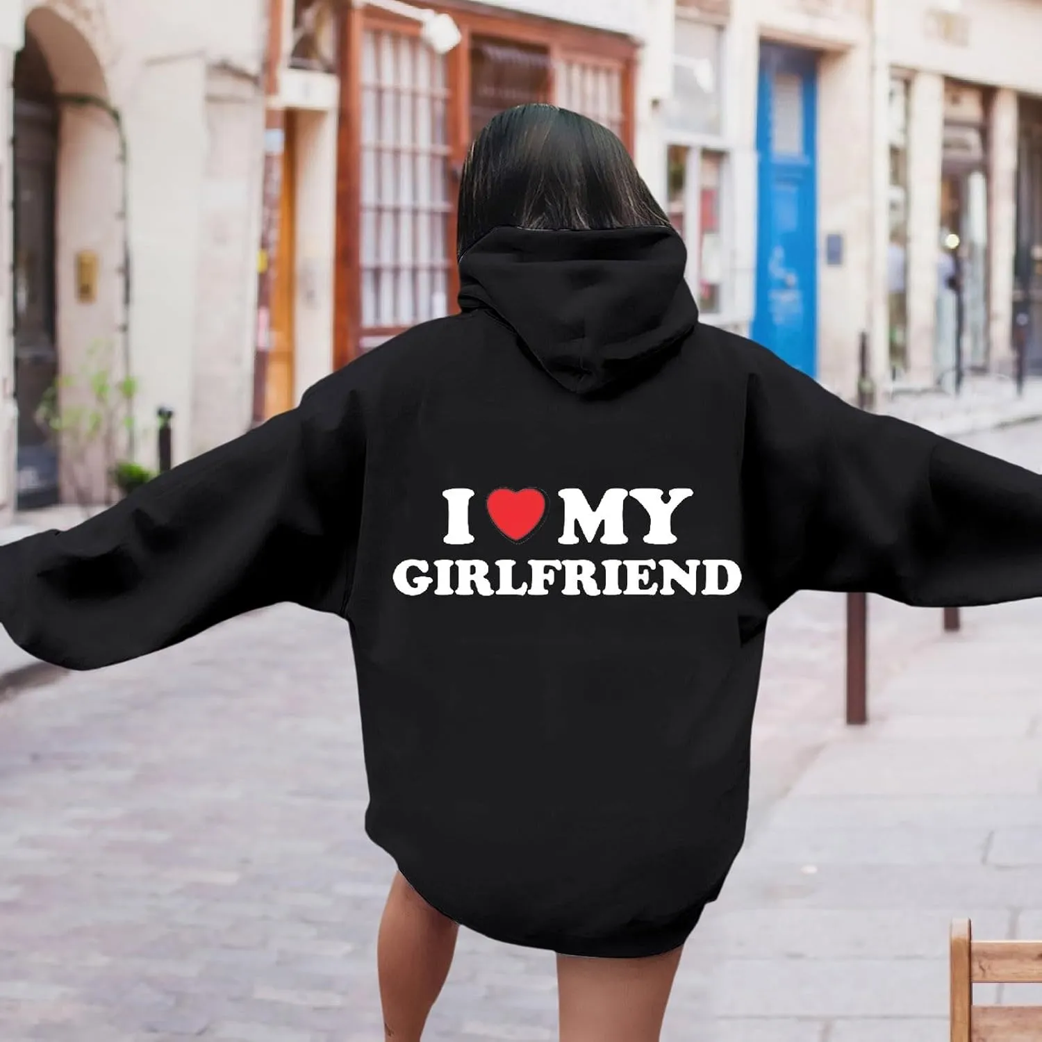 Valentine's Day Graphic Hoodies for Women I Love My Girlfriend Letter Print Pullover with Pocket Drawstring Causal Hoodies