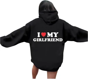 Valentine's Day Graphic Hoodies for Women I Love My Girlfriend Letter Print Pullover with Pocket Drawstring Causal Hoodies