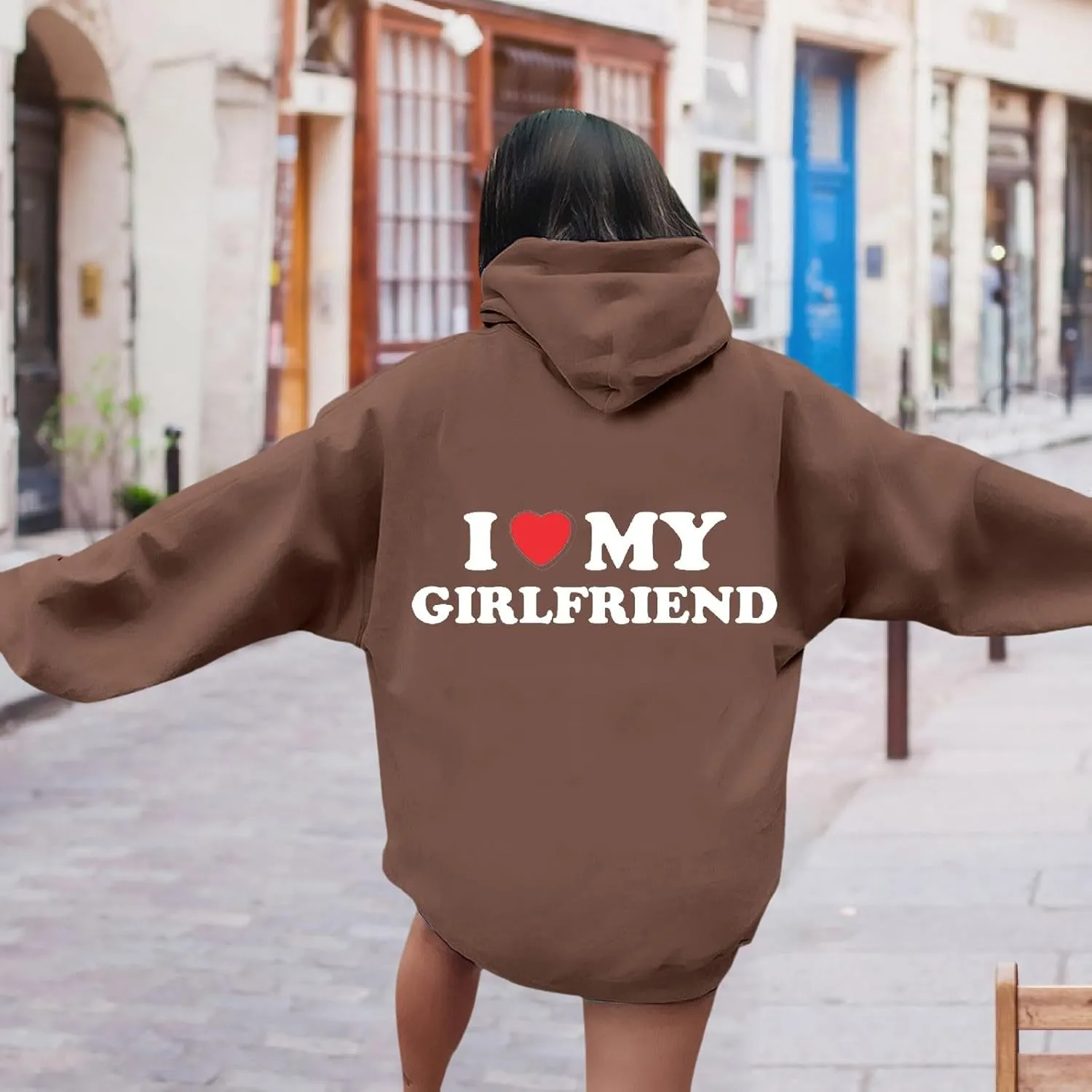 Valentine's Day Graphic Hoodies for Women I Love My Girlfriend Letter Print Pullover with Pocket Drawstring Causal Hoodies