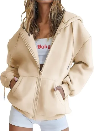 Women Full Zip Up Oversized Hoodie Solid Color Sweatshirt Long Sleeve Sweater Trendy Teen Girls Clothing 2024