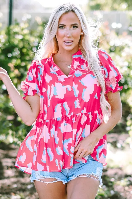 Women Smocked Puff Sleeve V Neck Blouse