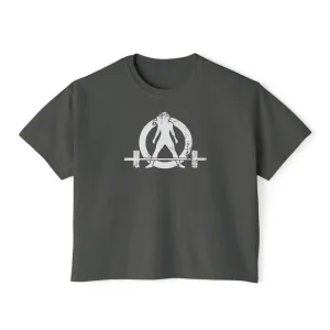 Women's Boxy Tee - White Distressed Logo Front Plain Back