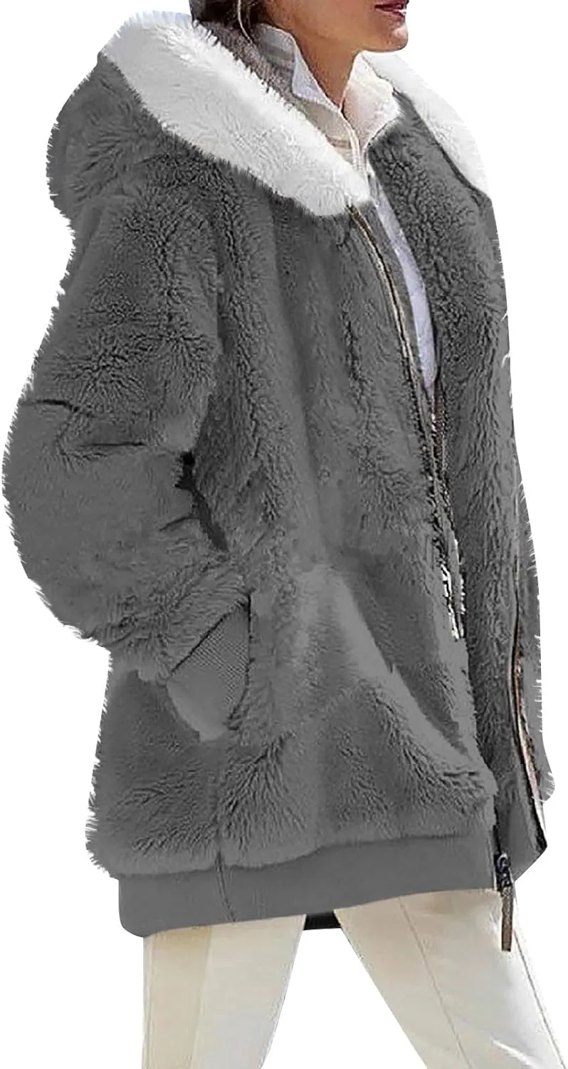 Womens Coats Fuzzy Fleece Cardigan Winter Warm Zip Up Hooded Sherpa Jackets 2024 Fluffy Outerwear with Pocket S-5XL
