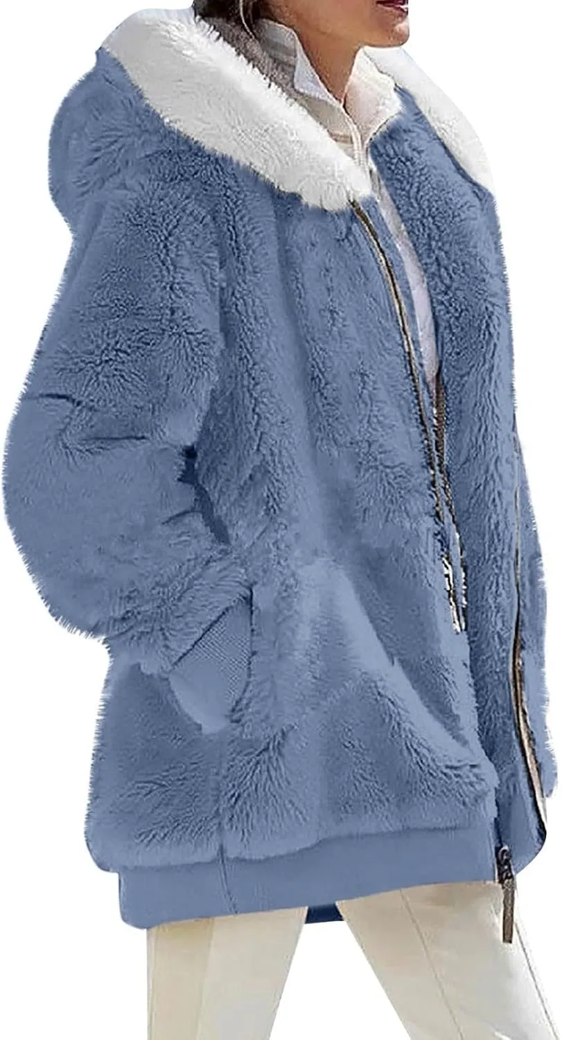 Womens Coats Fuzzy Fleece Cardigan Winter Warm Zip Up Hooded Sherpa Jackets 2024 Fluffy Outerwear with Pocket S-5XL