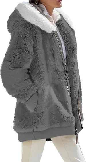 Womens Coats Fuzzy Fleece Cardigan Winter Warm Zip Up Hooded Sherpa Jackets 2024 Fluffy Outerwear with Pocket S-5XL