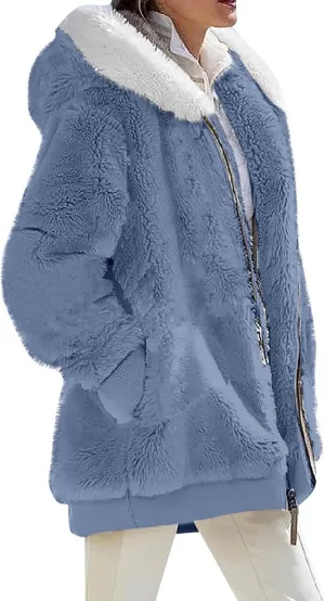 Womens Coats Fuzzy Fleece Cardigan Winter Warm Zip Up Hooded Sherpa Jackets 2024 Fluffy Outerwear with Pocket S-5XL