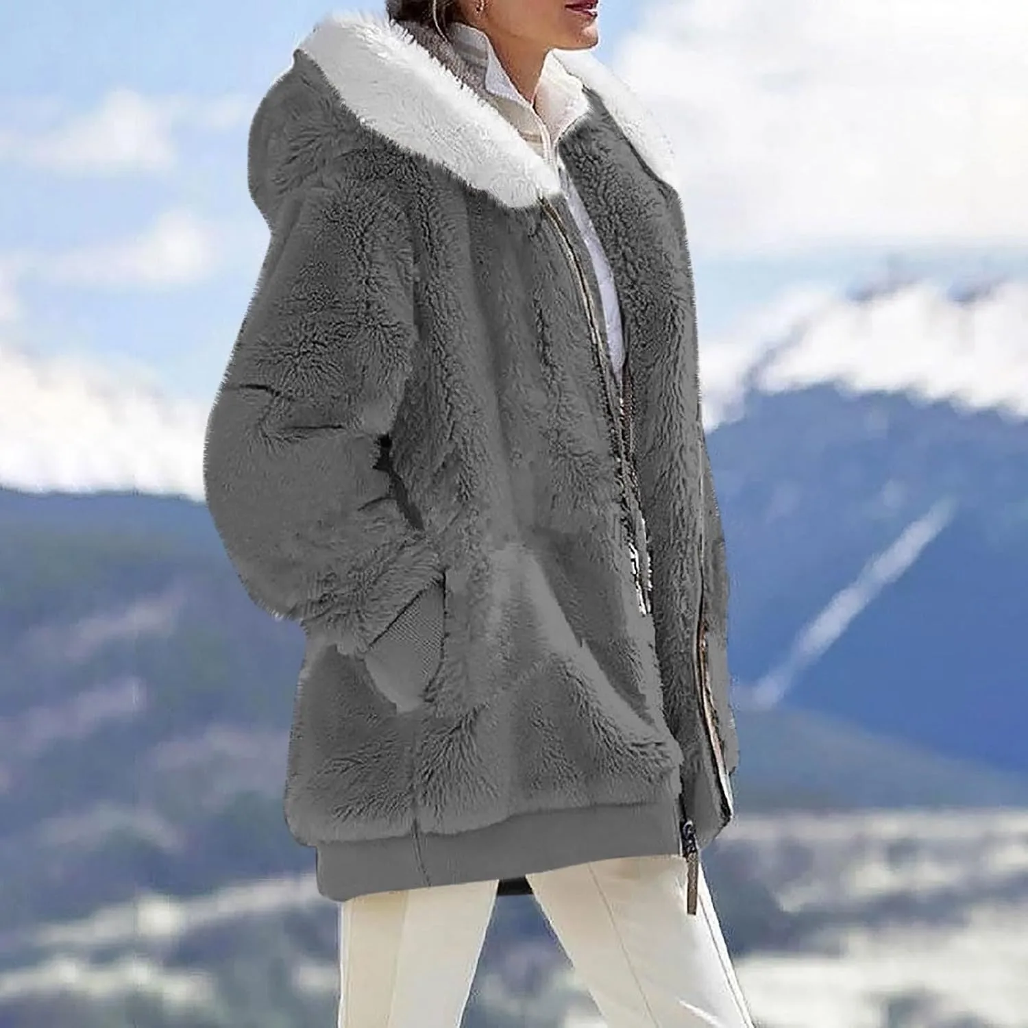 Womens Coats Fuzzy Fleece Cardigan Winter Warm Zip Up Hooded Sherpa Jackets 2024 Fluffy Outerwear with Pocket S-5XL