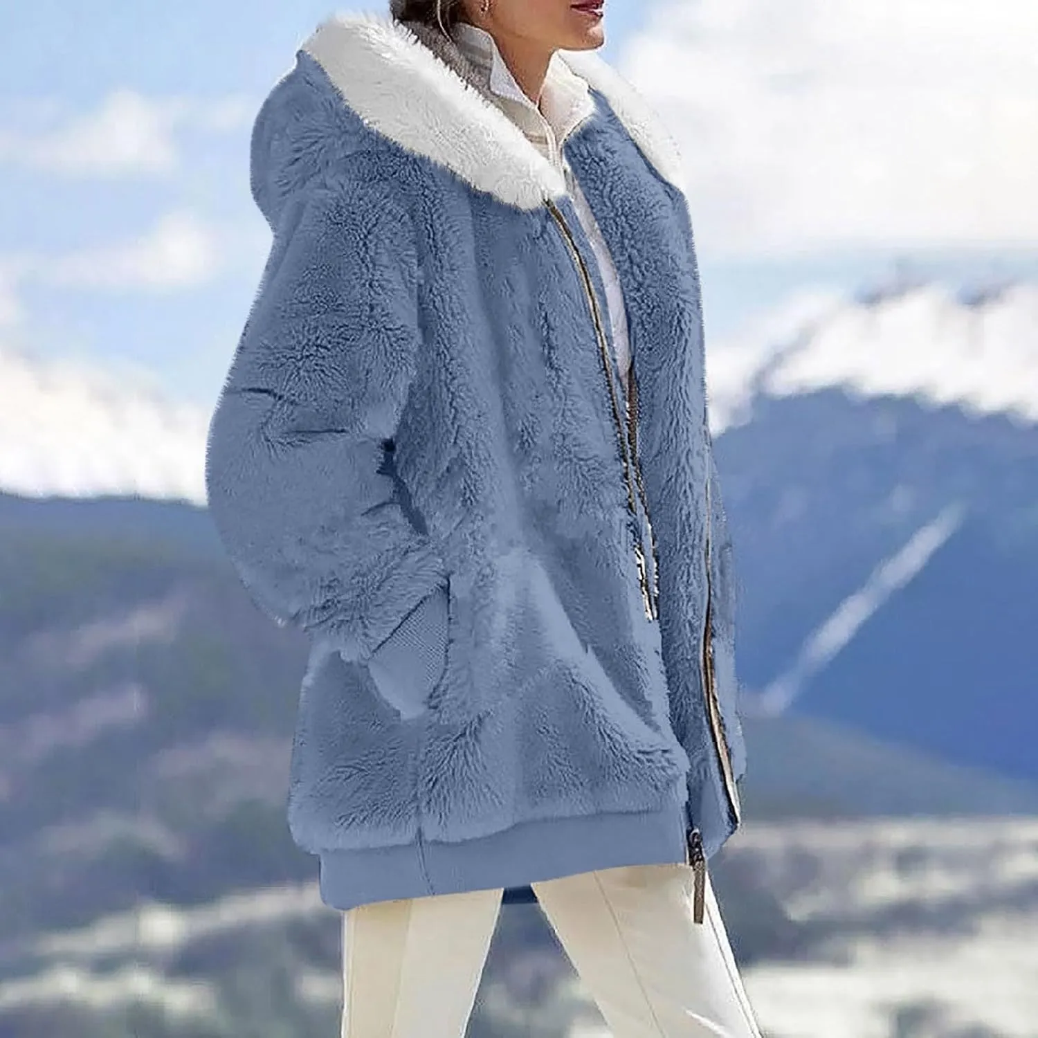 Womens Coats Fuzzy Fleece Cardigan Winter Warm Zip Up Hooded Sherpa Jackets 2024 Fluffy Outerwear with Pocket S-5XL