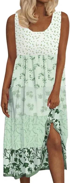 Women's Sleeveless Sundresses Plus Size Neck Beach Flowy Party Dress Printed Summer Crew Neck Dress Hawaiian Dresses