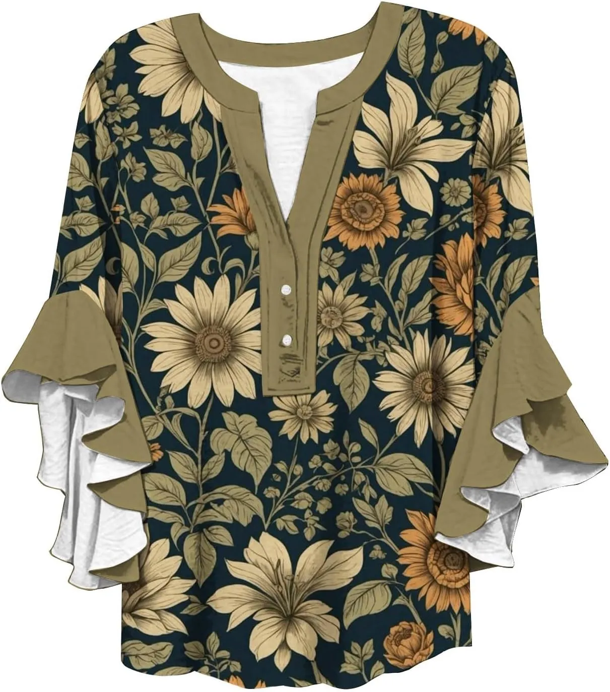 Womens Summer Tops Henley V Neck Casual Loose Fit Dressy 3/4 Length Sleeve Floral Shirts Flowy Ruffle Sleeve Blouses