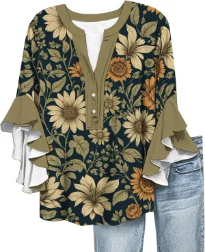 Womens Summer Tops Henley V Neck Casual Loose Fit Dressy 3/4 Length Sleeve Floral Shirts Flowy Ruffle Sleeve Blouses