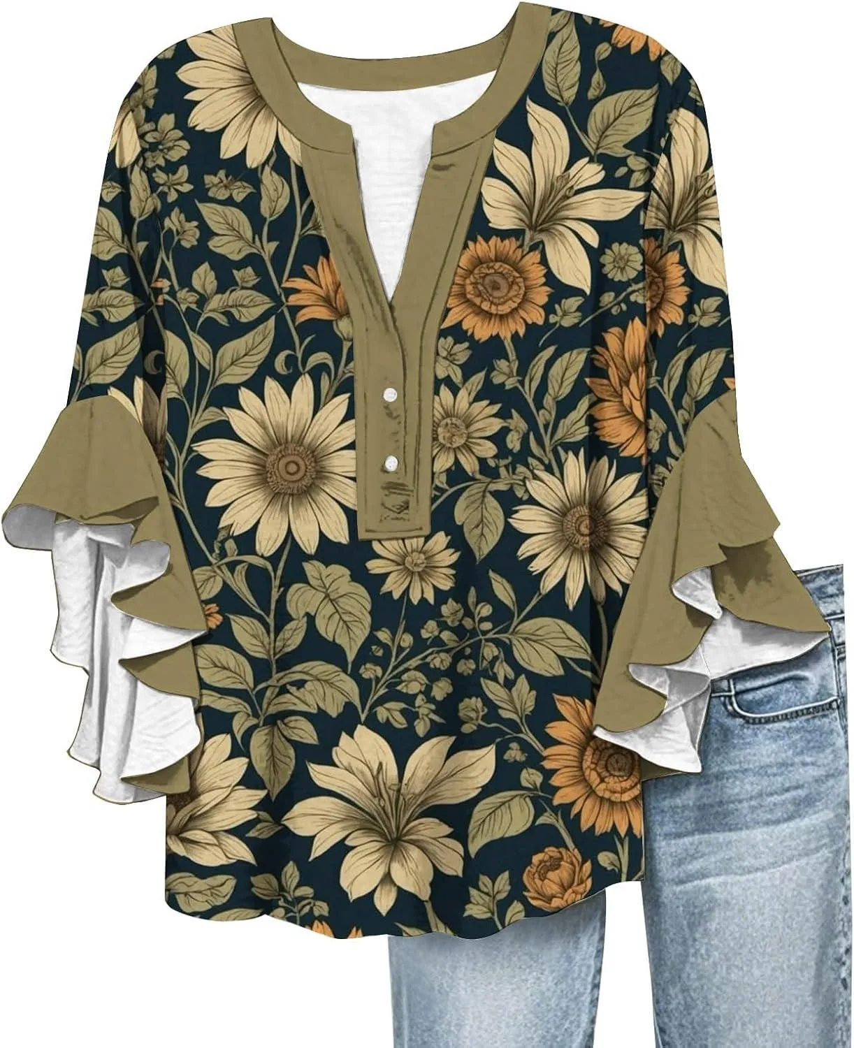 Womens Summer Tops Henley V Neck Casual Loose Fit Dressy 3/4 Length Sleeve Floral Shirts Flowy Ruffle Sleeve Blouses