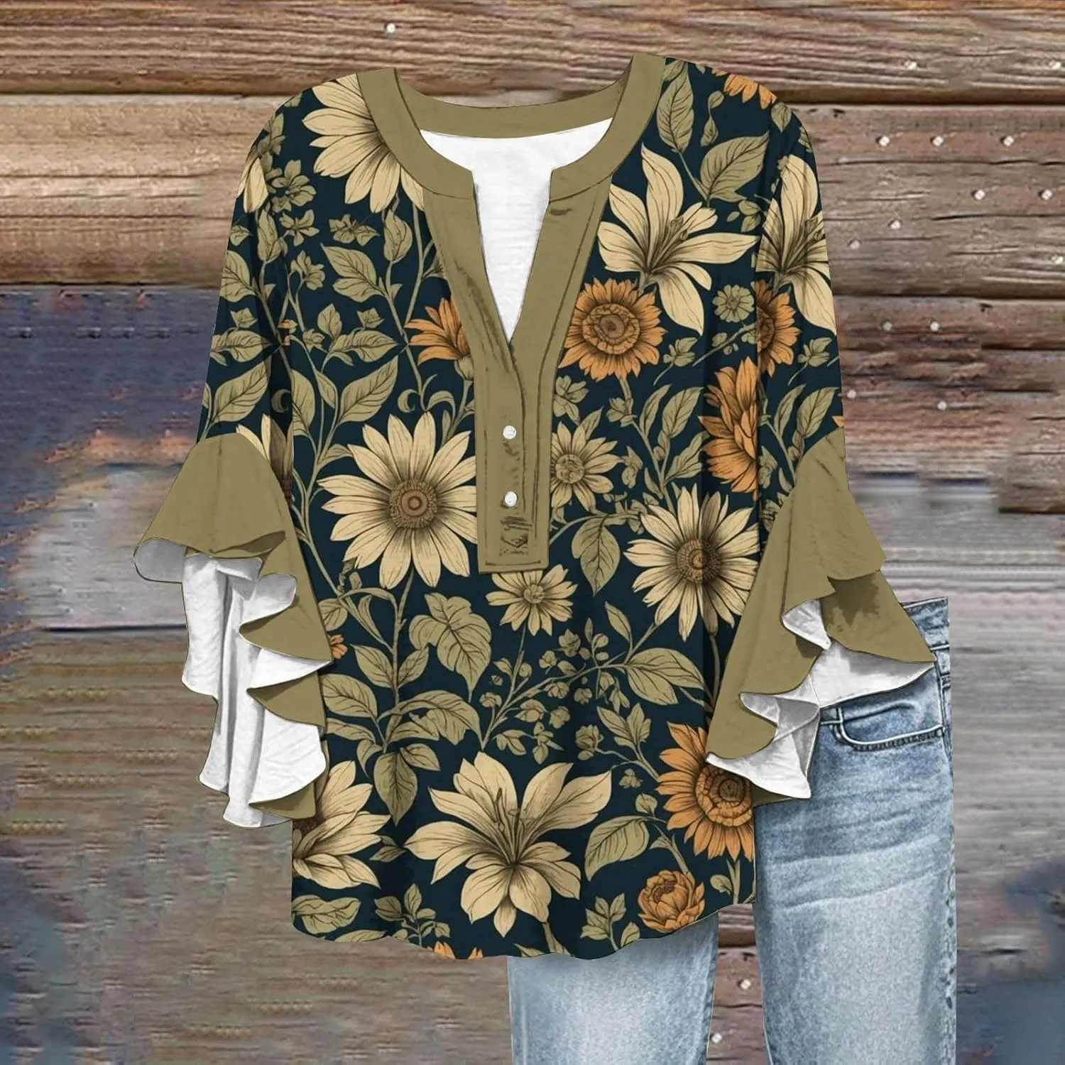 Womens Summer Tops Henley V Neck Casual Loose Fit Dressy 3/4 Length Sleeve Floral Shirts Flowy Ruffle Sleeve Blouses