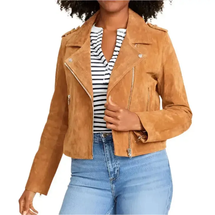 Women's Tan Brown Suede Biker Leather Jacket – Stylish & Classic
