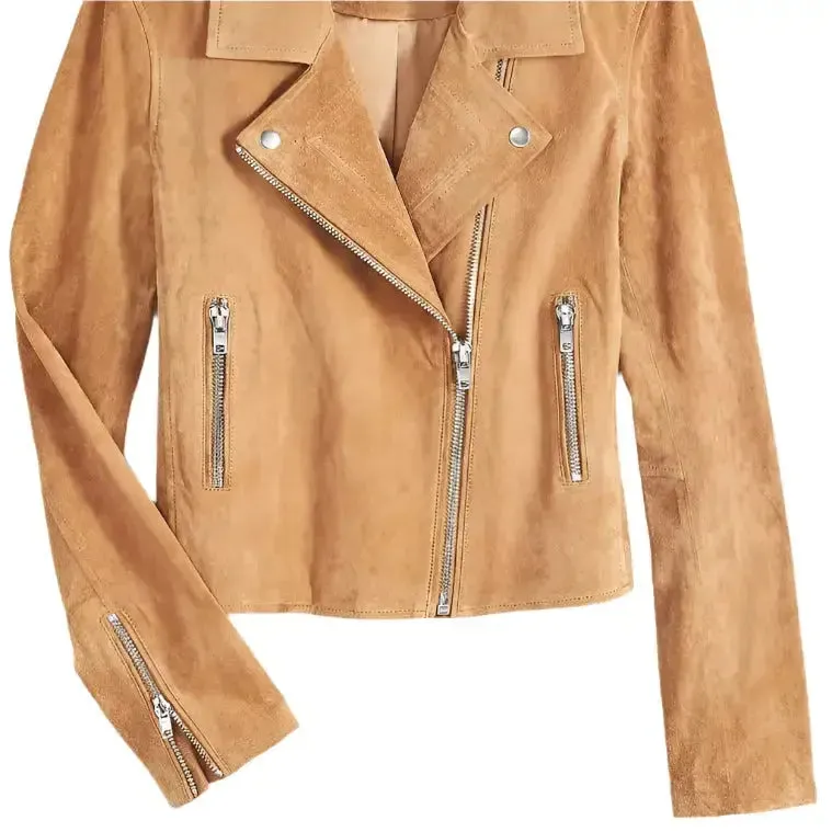 Women's Tan Brown Suede Biker Leather Jacket – Stylish & Classic