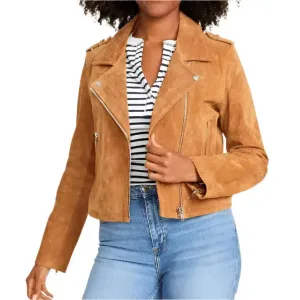 Women's Tan Brown Suede Biker Leather Jacket – Stylish & Classic