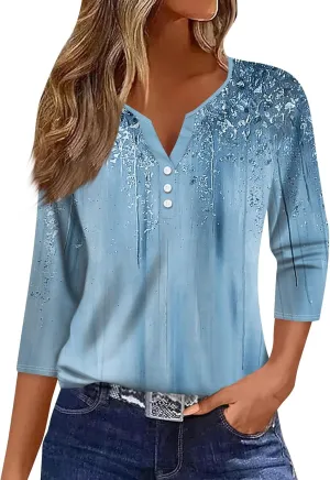 Womens Tops Dressy Casual 3/4 Sleeve Spring Fashion 2025 Button Down Henley Shirts Floral Print Blouse
