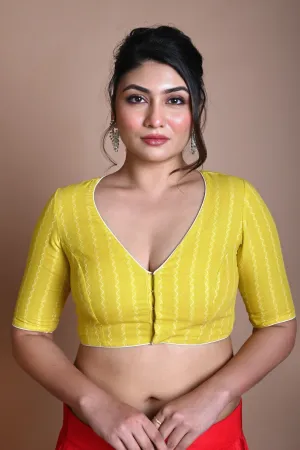 Yellow Half Sleeve Blouse in Cotton with Deep V Neckline