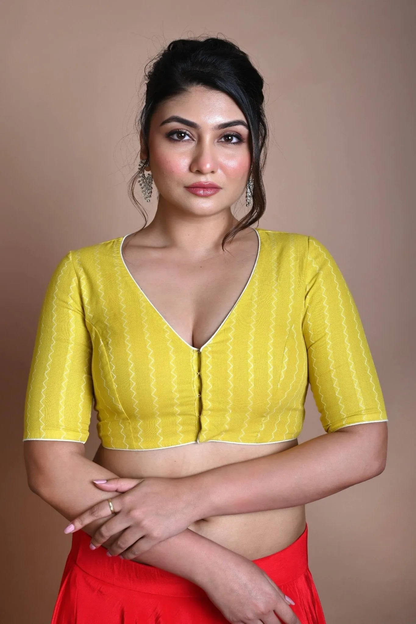 Yellow Half Sleeve Blouse in Cotton with Deep V Neckline