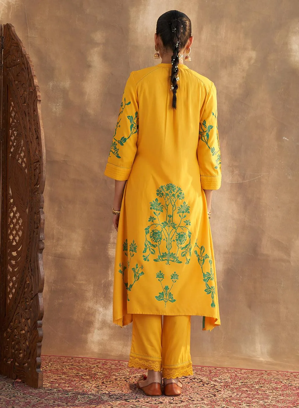 Yellow Printed Kurta Set With Pleat Details