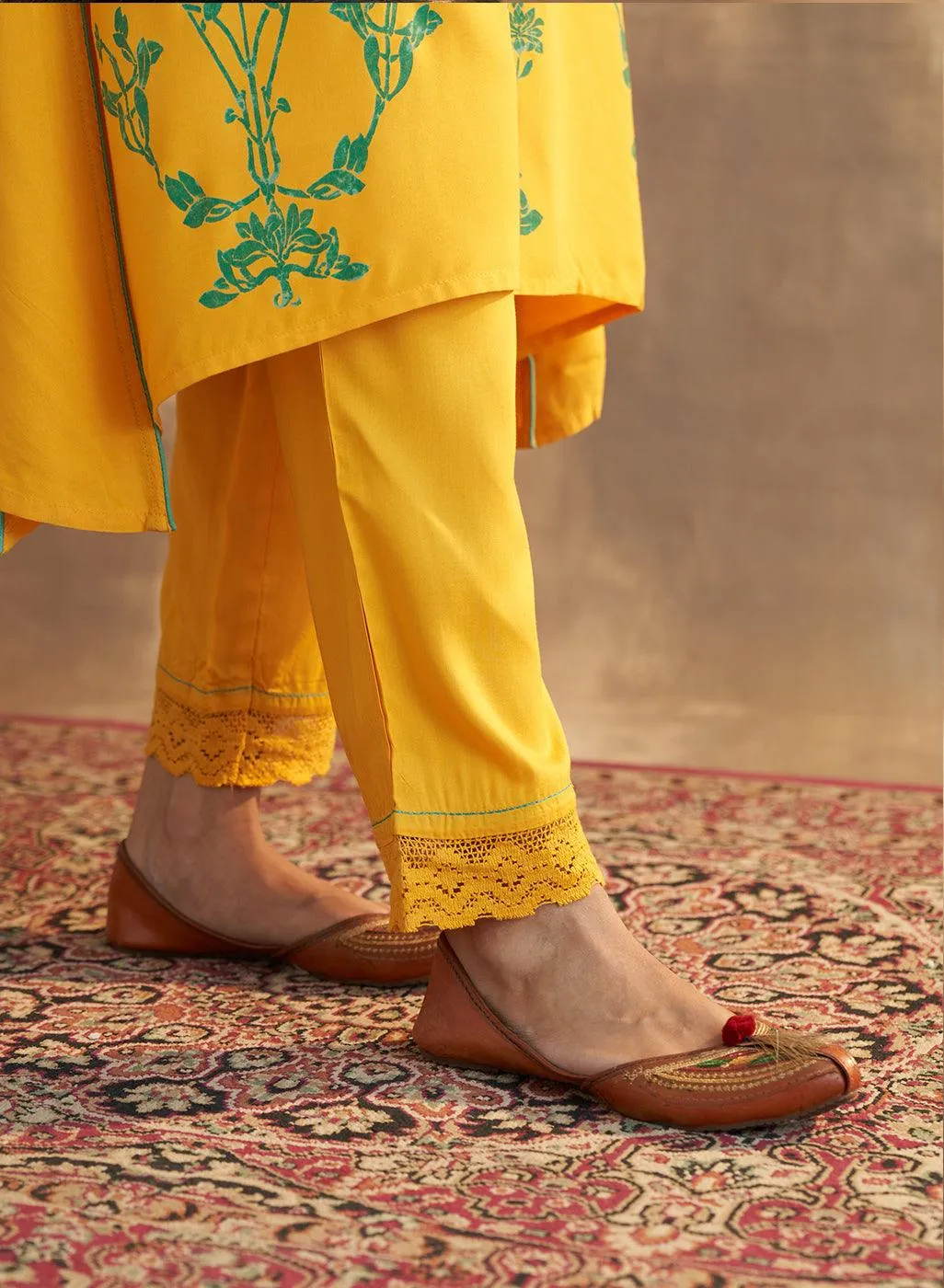 Yellow Printed Kurta Set With Pleat Details