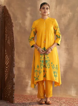 Yellow Printed Kurta Set With Pleat Details