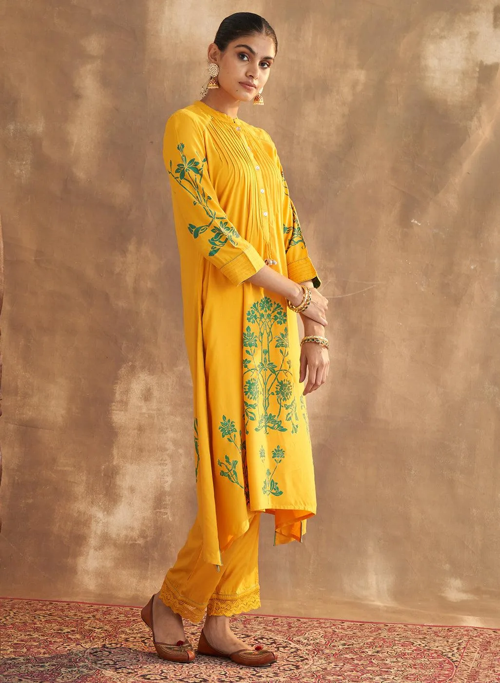 Yellow Printed Kurta Set With Pleat Details