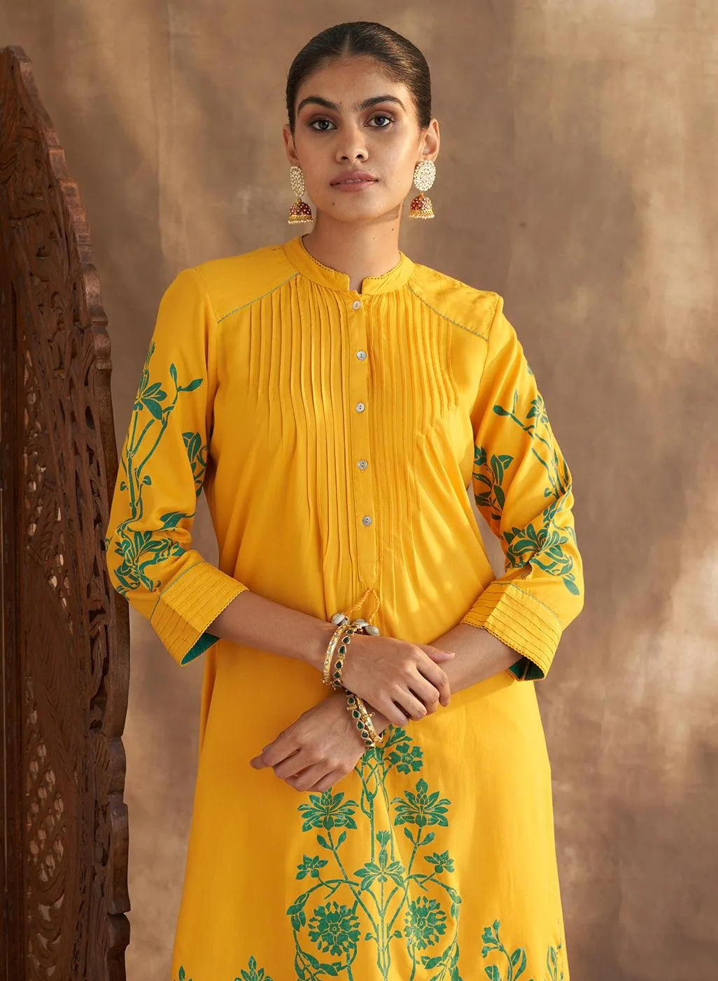 Yellow Printed Kurta Set With Pleat Details