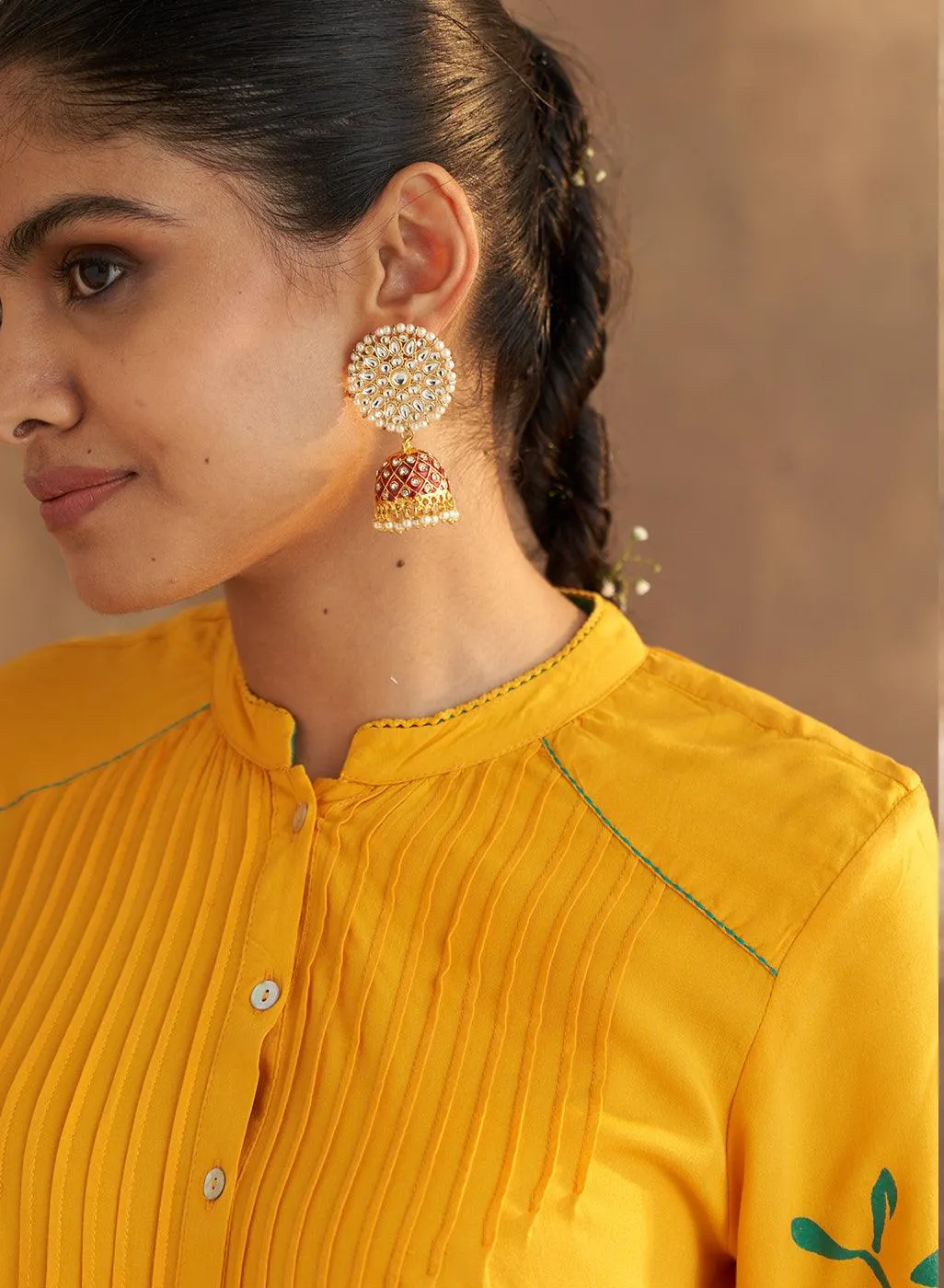 Yellow Printed Kurta Set With Pleat Details