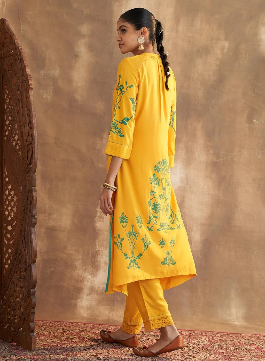 Yellow Printed Kurta Set With Pleat Details